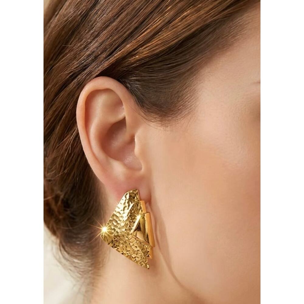 Vintage Monet Gold Tone Geometric Clip On Earrings Signed